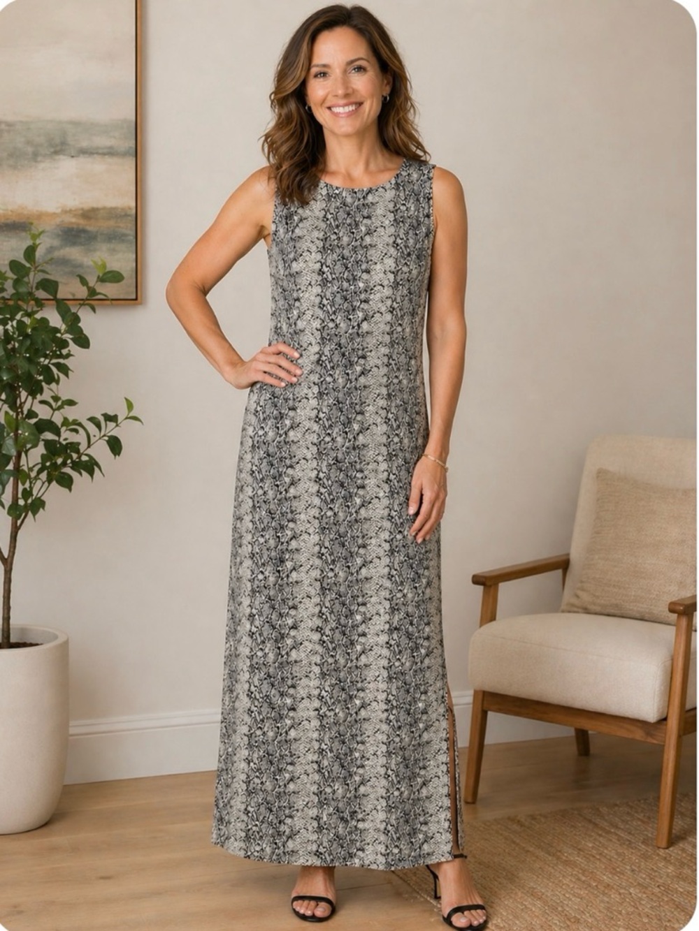 VTG Liz Claiborne 14P Grey sleek minimalist snakeskin modern maxi sheath dress